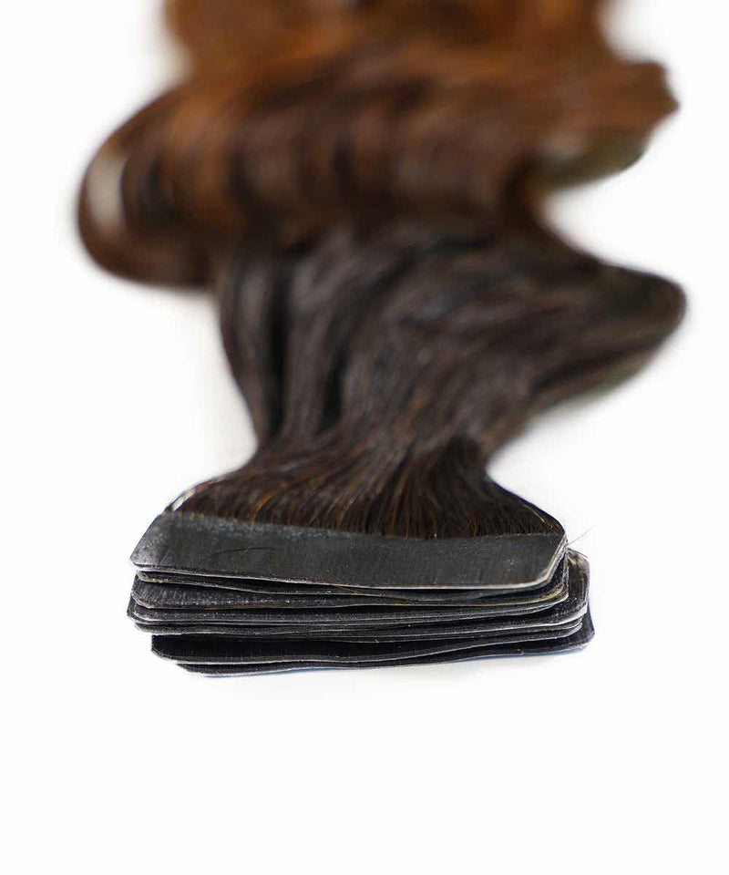 Rooted Chocolate Mocha (1B/4) curly tape in hair extensions by Perfect Locks#color_rooted-chocolate-mocha-(1B/4)